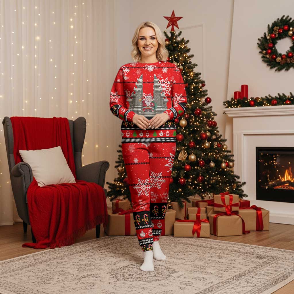 Indonesia Christmas Pajama Set with Santa Temple Snowflakes and Red Candy Cane Pattern - Wonder Print Shop