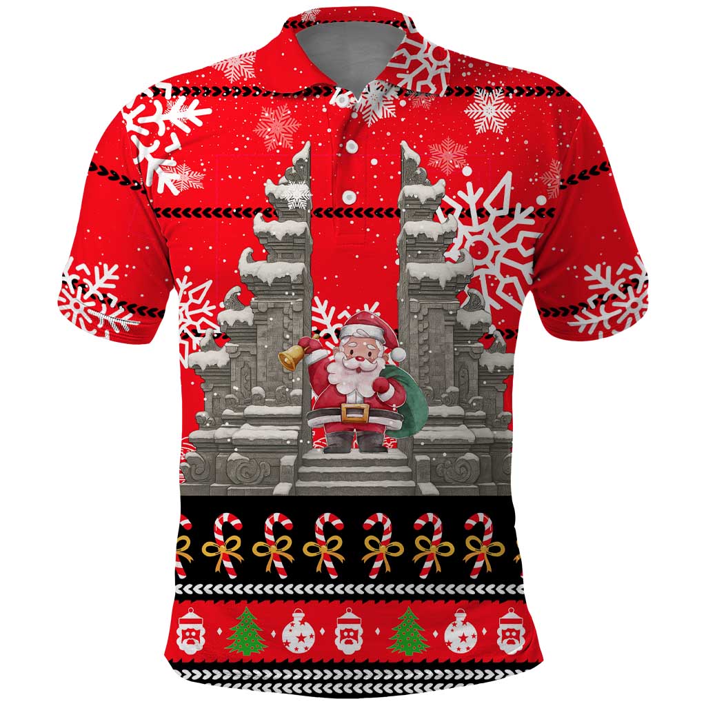 Indonesia Christmas Polo Shirt with Santa Temple Snowflakes and Red Candy Cane Pattern - Wonder Print Shop
