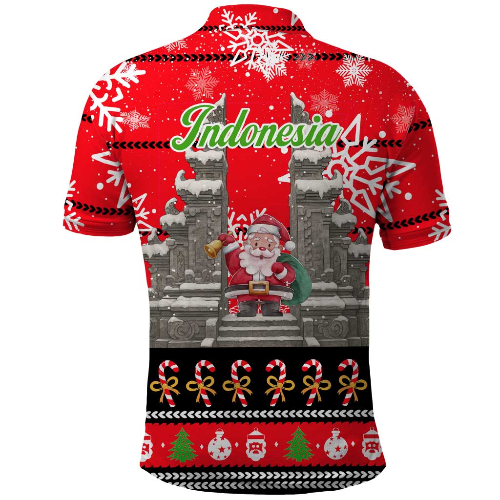Indonesia Christmas Polo Shirt with Santa Temple Snowflakes and Red Candy Cane Pattern - Wonder Print Shop