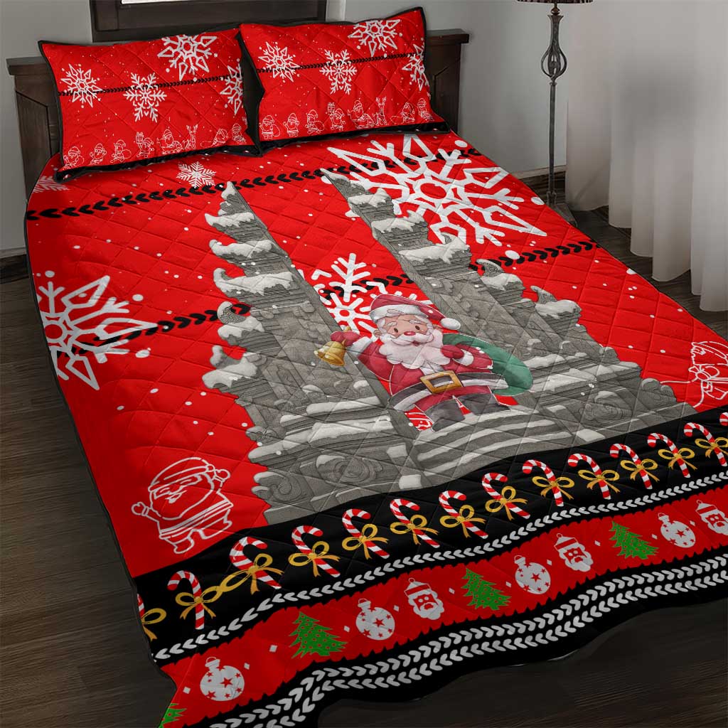 Indonesia Christmas Quilt Bed Set with Santa Temple Snowflakes and Red Candy Cane Pattern - Wonder Print Shop