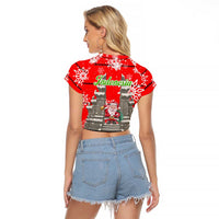 Indonesia Christmas Raglan Cropped T Shirt with Santa Temple Snowflakes and Red Candy Cane Pattern - Wonder Print Shop