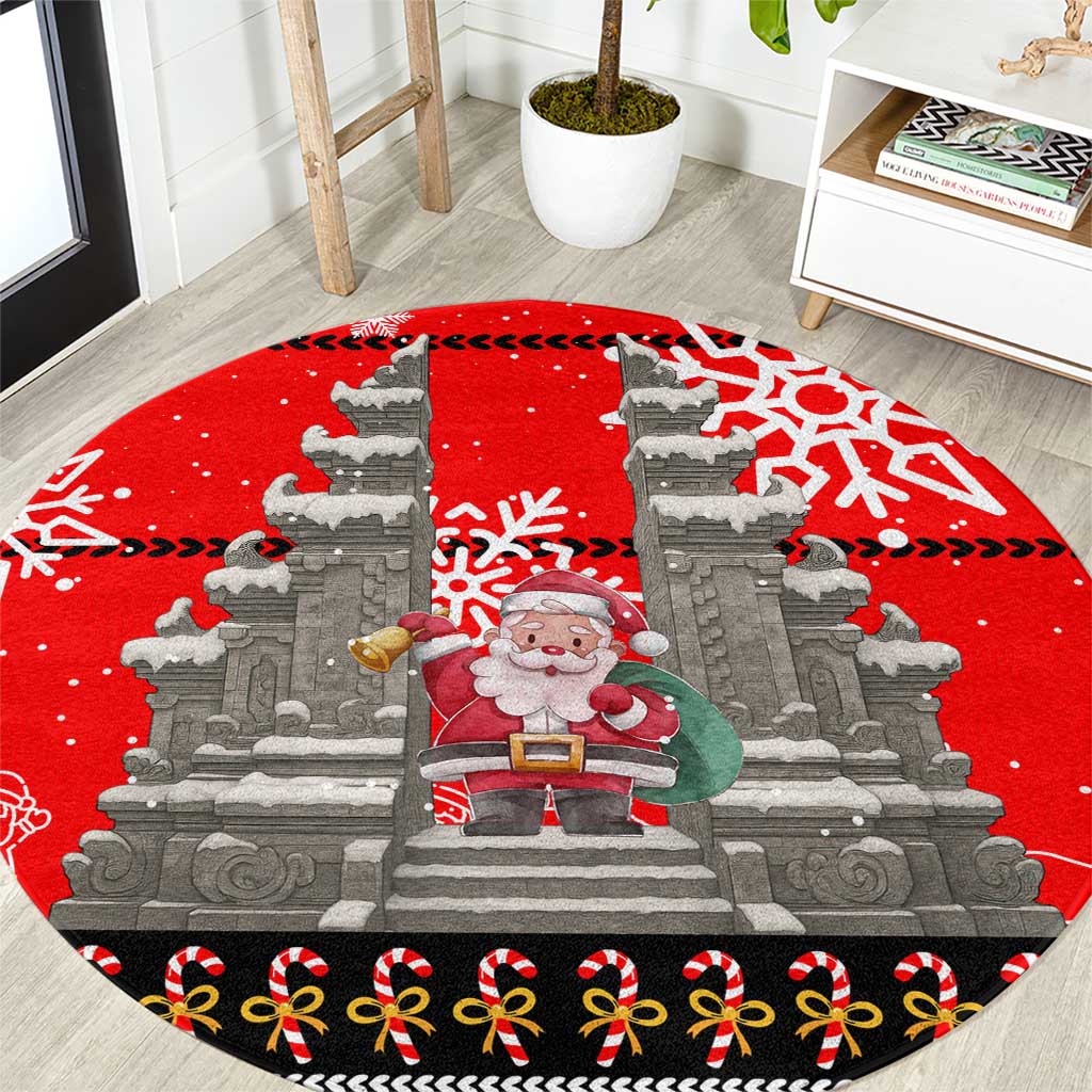 Indonesia Christmas Round Carpet with Santa Temple Snowflakes and Red Candy Cane Pattern - Wonder Print Shop