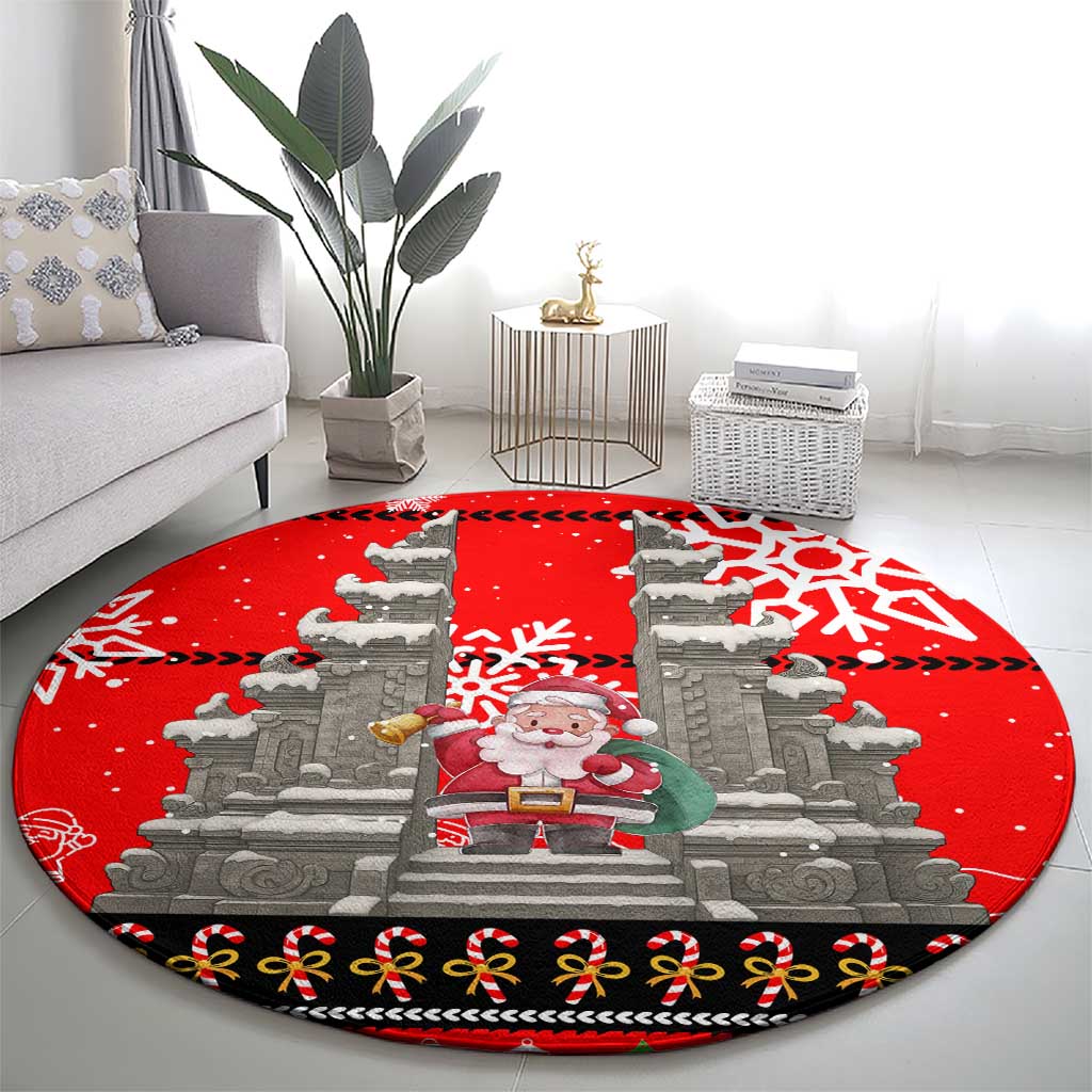 Indonesia Christmas Round Carpet with Santa Temple Snowflakes and Red Candy Cane Pattern - Wonder Print Shop