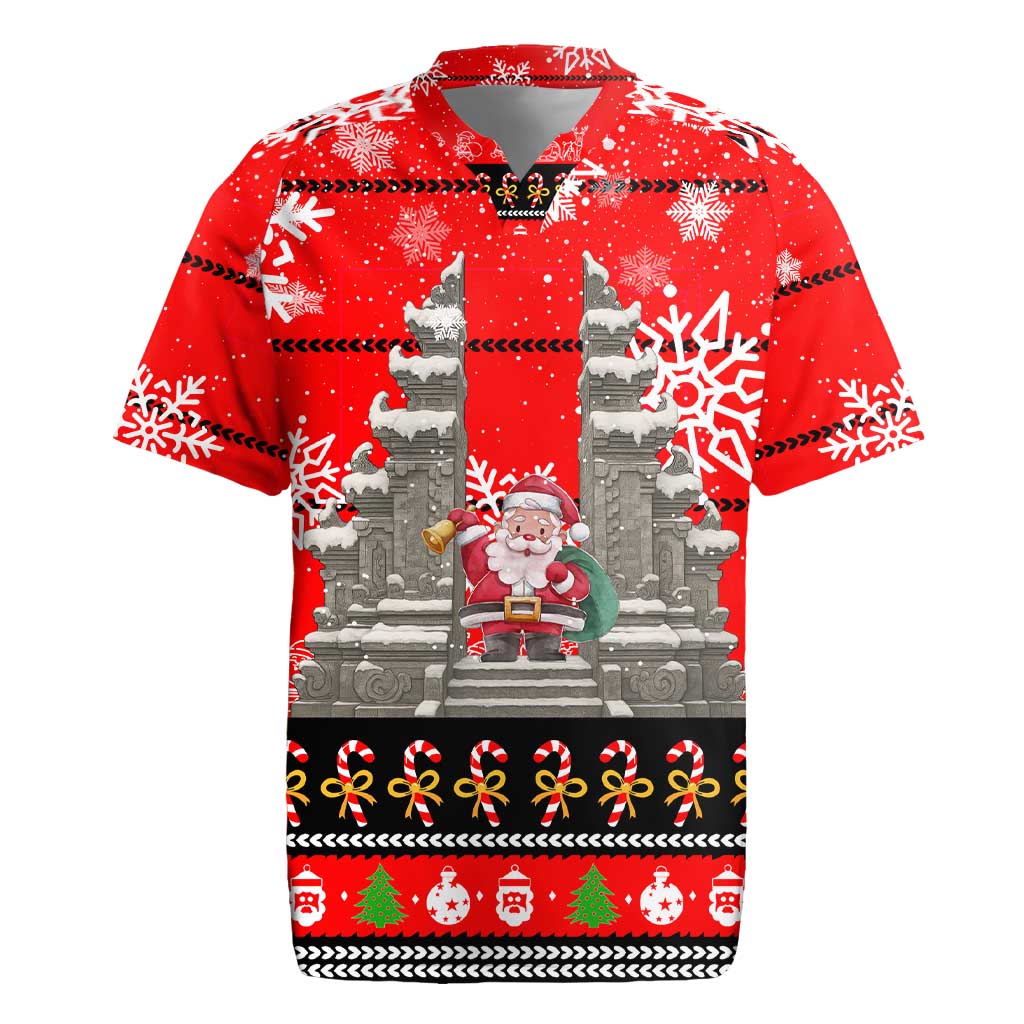 Indonesia Christmas Rugby Jersey with Santa Temple Snowflakes and Red Candy Cane Pattern - Wonder Print Shop