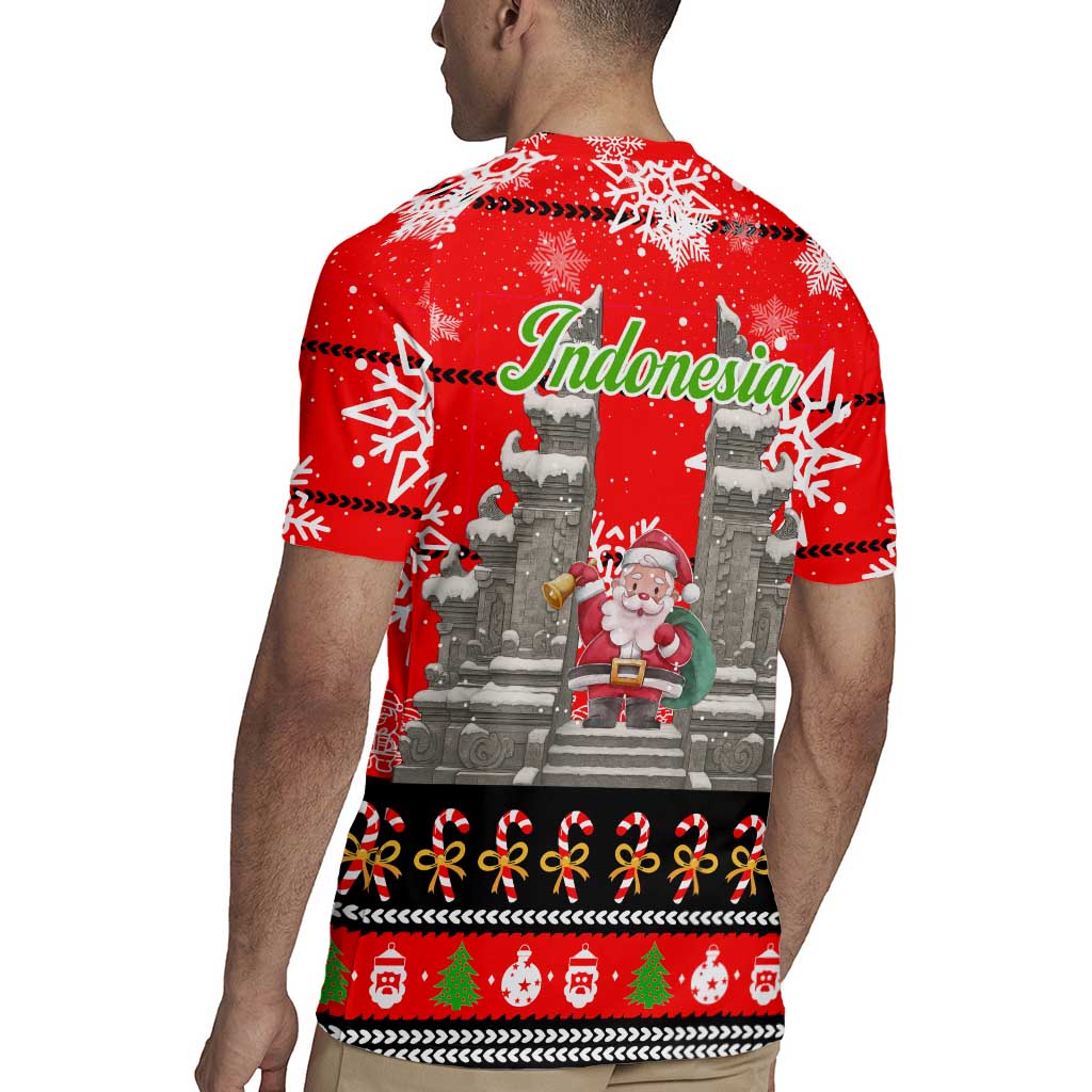 Indonesia Christmas Rugby Jersey with Santa Temple Snowflakes and Red Candy Cane Pattern - Wonder Print Shop