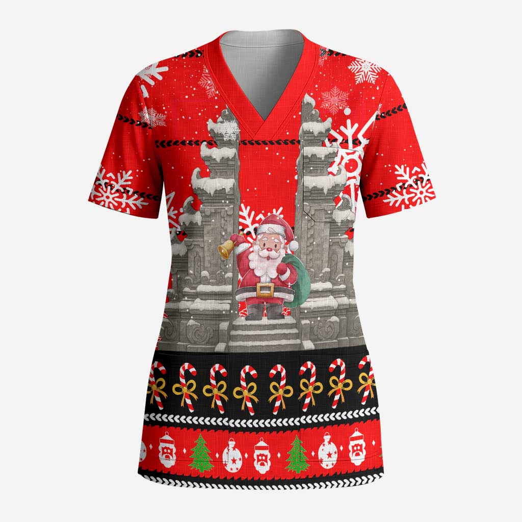 Indonesia Christmas Scrub Top with Santa Temple Snowflakes and Red Candy Cane Pattern - Wonder Print Shop