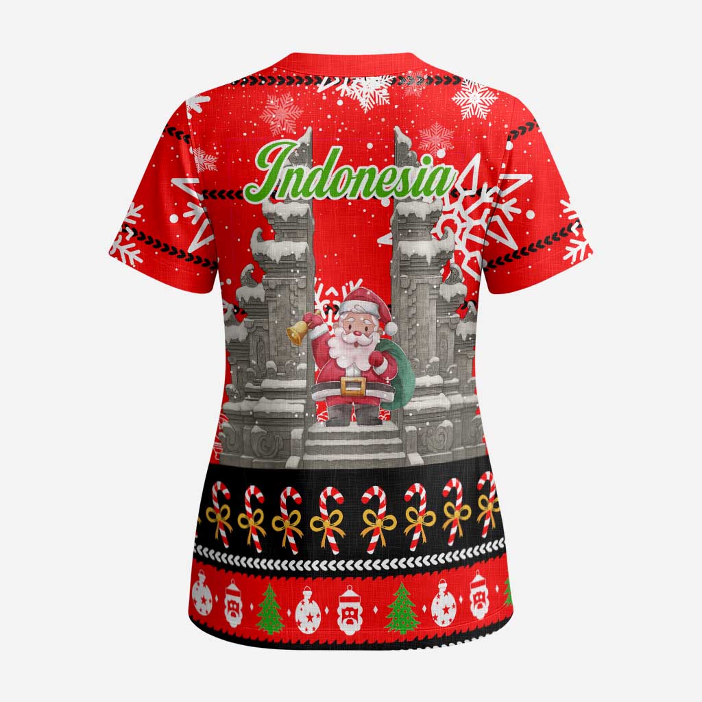 Indonesia Christmas Scrub Top with Santa Temple Snowflakes and Red Candy Cane Pattern - Wonder Print Shop