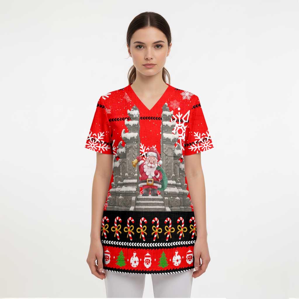 Indonesia Christmas Scrub Top with Santa Temple Snowflakes and Red Candy Cane Pattern - Wonder Print Shop