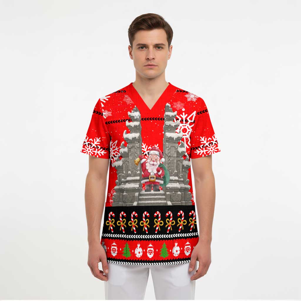 Indonesia Christmas Scrub Top with Santa Temple Snowflakes and Red Candy Cane Pattern - Wonder Print Shop