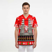 Indonesia Christmas Scrub Top with Santa Temple Snowflakes and Red Candy Cane Pattern - Wonder Print Shop