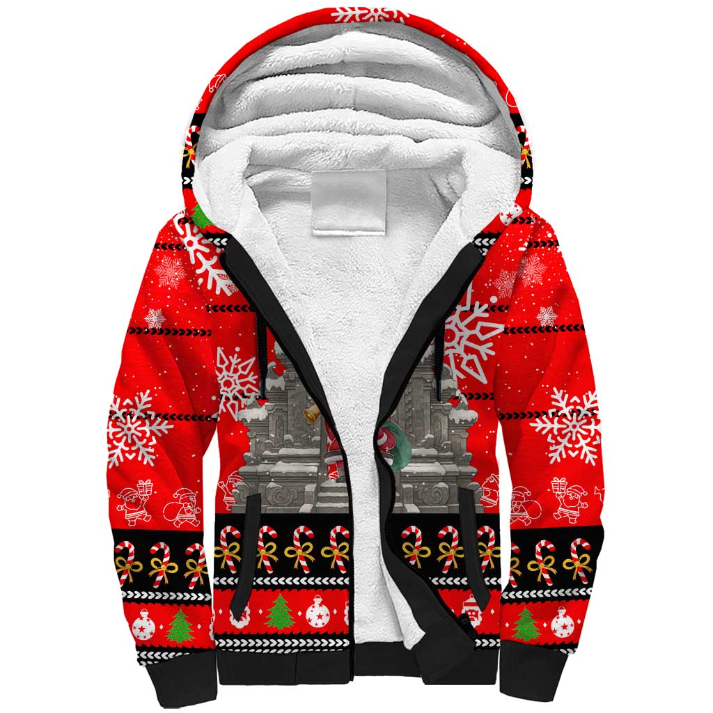 Indonesia Christmas Sherpa Hoodie with Santa Temple Snowflakes and Red Candy Cane Pattern - Wonder Print Shop