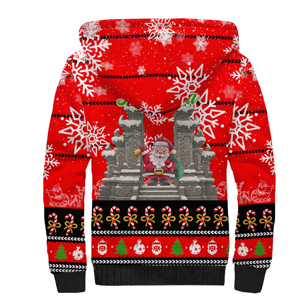 Indonesia Christmas Sherpa Hoodie with Santa Temple Snowflakes and Red Candy Cane Pattern - Wonder Print Shop