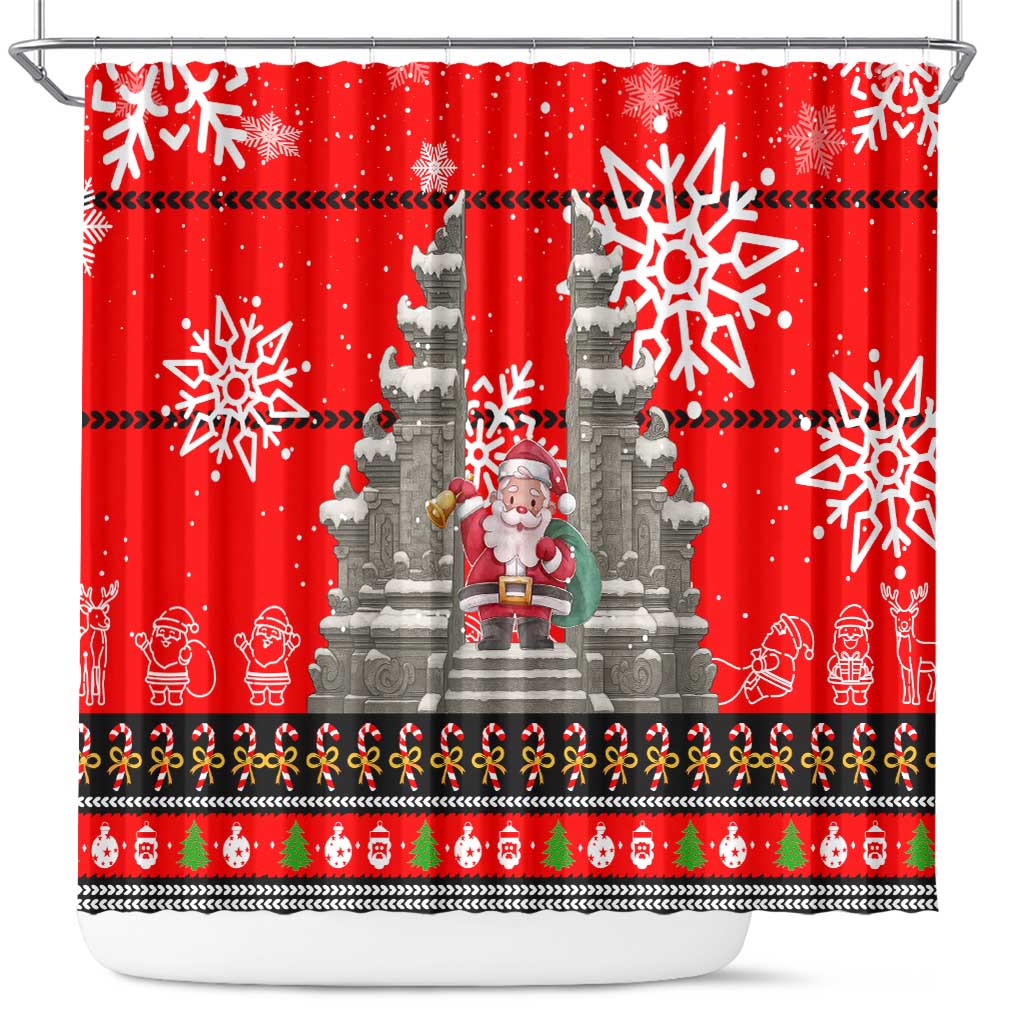 Indonesia Christmas Shower Curtain with Santa Temple Snowflakes and Red Candy Cane Pattern - Wonder Print Shop