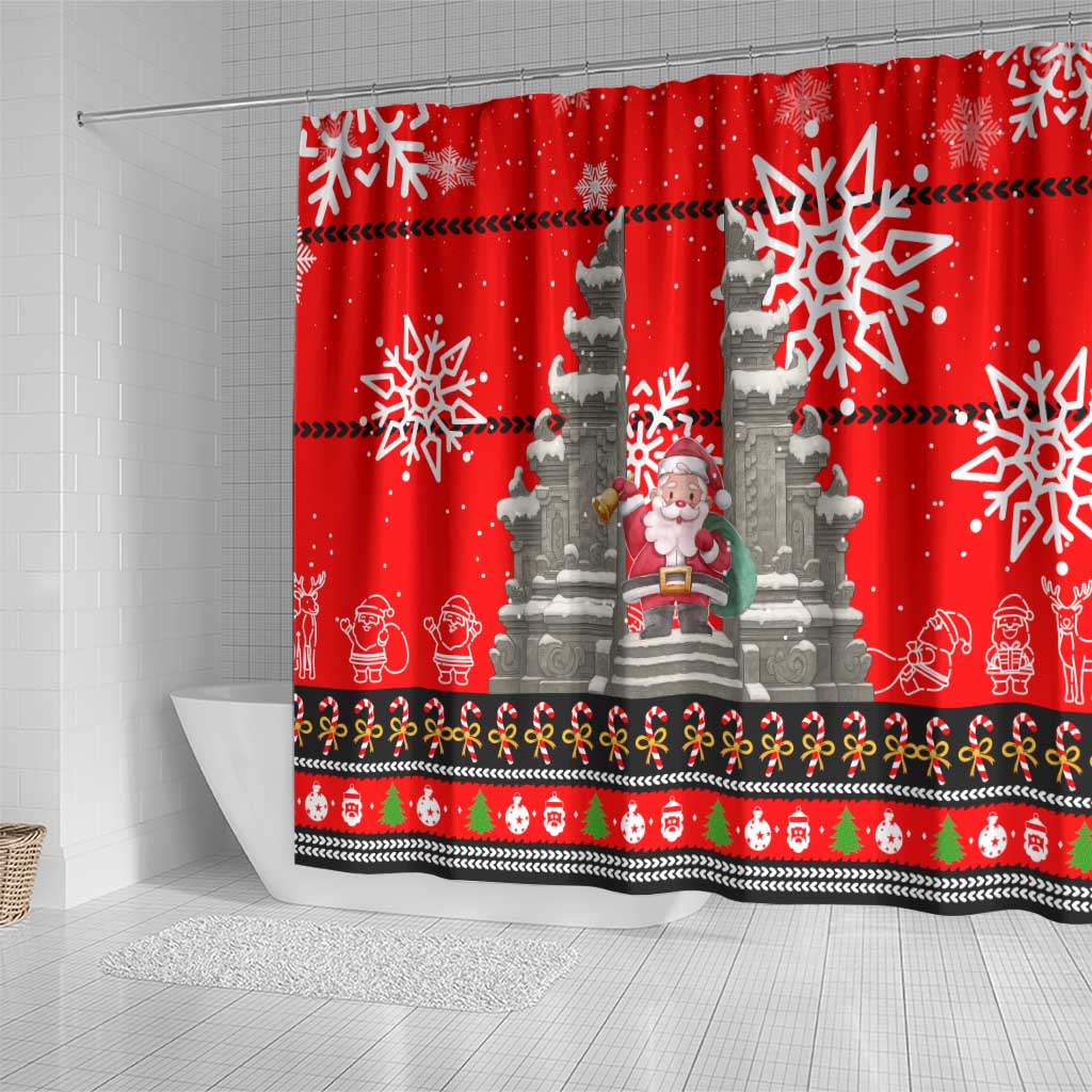 Indonesia Christmas Shower Curtain with Santa Temple Snowflakes and Red Candy Cane Pattern - Wonder Print Shop