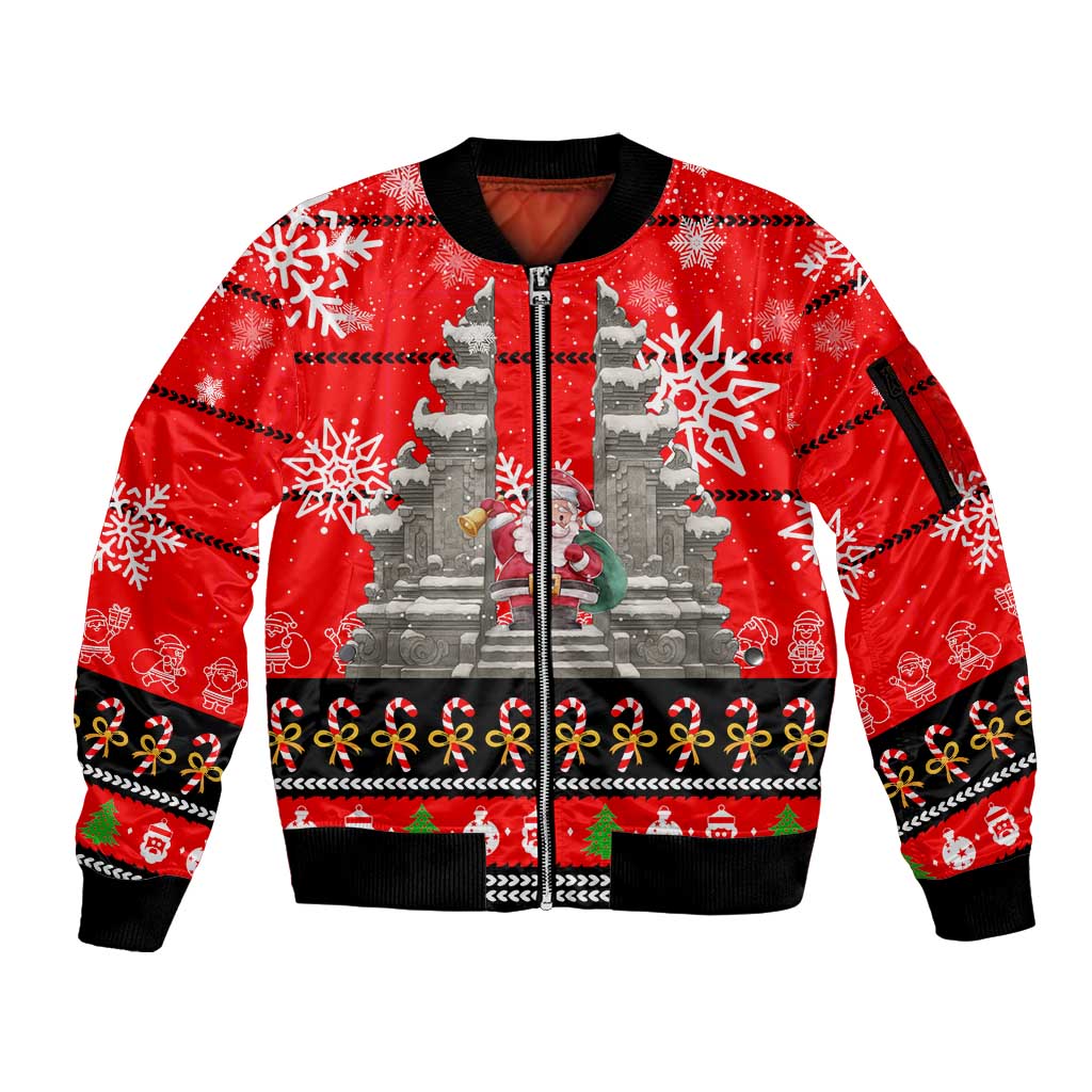 Indonesia Christmas Sleeve Zip Bomber Jacket with Santa Temple Snowflakes and Red Candy Cane Pattern - Wonder Print Shop