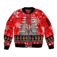 Indonesia Christmas Sleeve Zip Bomber Jacket with Santa Temple Snowflakes and Red Candy Cane Pattern - Wonder Print Shop