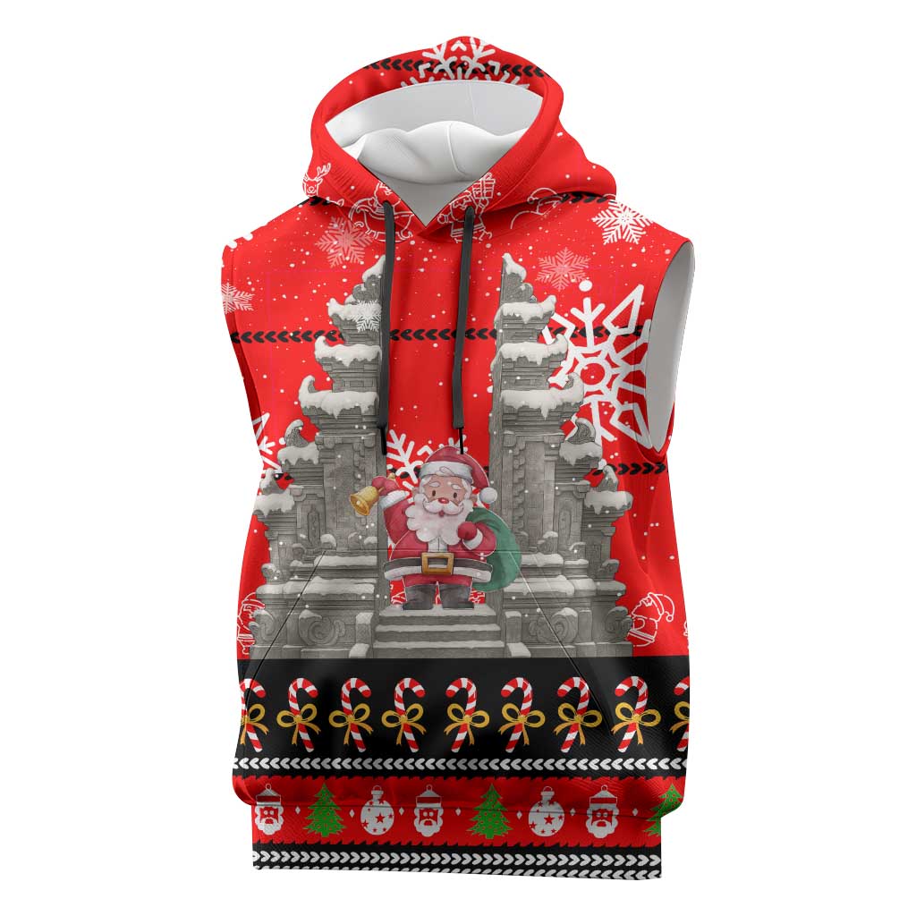 Indonesia Christmas Sleeveless Hoodie with Santa Temple Snowflakes and Red Candy Cane Pattern - Wonder Print Shop