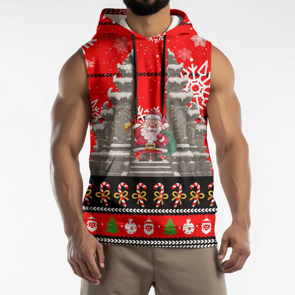 Indonesia Christmas Sleeveless Hoodie with Santa Temple Snowflakes and Red Candy Cane Pattern - Wonder Print Shop
