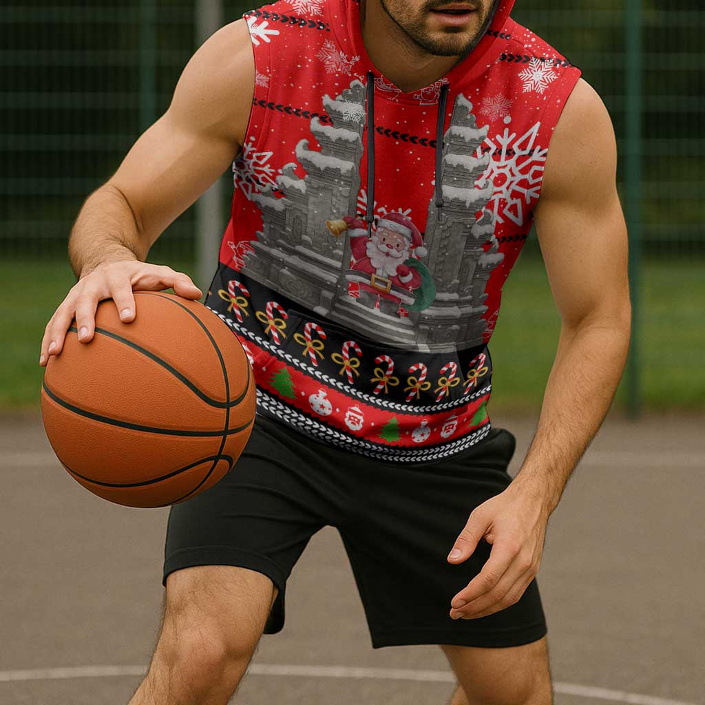 Indonesia Christmas Sleeveless Hoodie with Santa Temple Snowflakes and Red Candy Cane Pattern - Wonder Print Shop