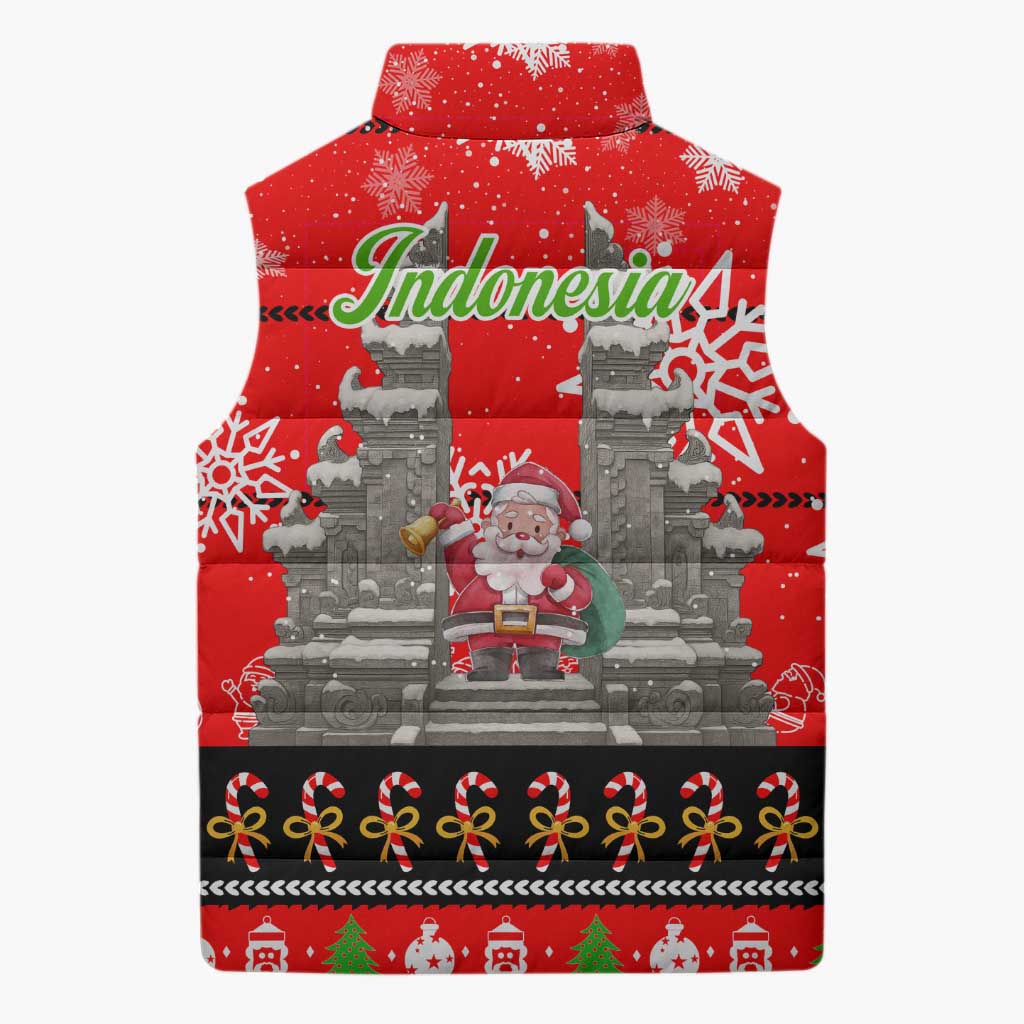 Indonesia Christmas Sleeveless Puffer Jacket with Santa Temple Snowflakes and Red Candy Cane Pattern - Wonder Print Shop