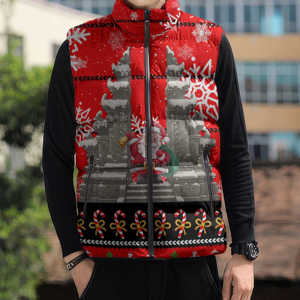 Indonesia Christmas Sleeveless Puffer Jacket with Santa Temple Snowflakes and Red Candy Cane Pattern - Wonder Print Shop