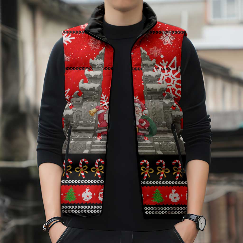 Indonesia Christmas Sleeveless Puffer Jacket with Santa Temple Snowflakes and Red Candy Cane Pattern - Wonder Print Shop