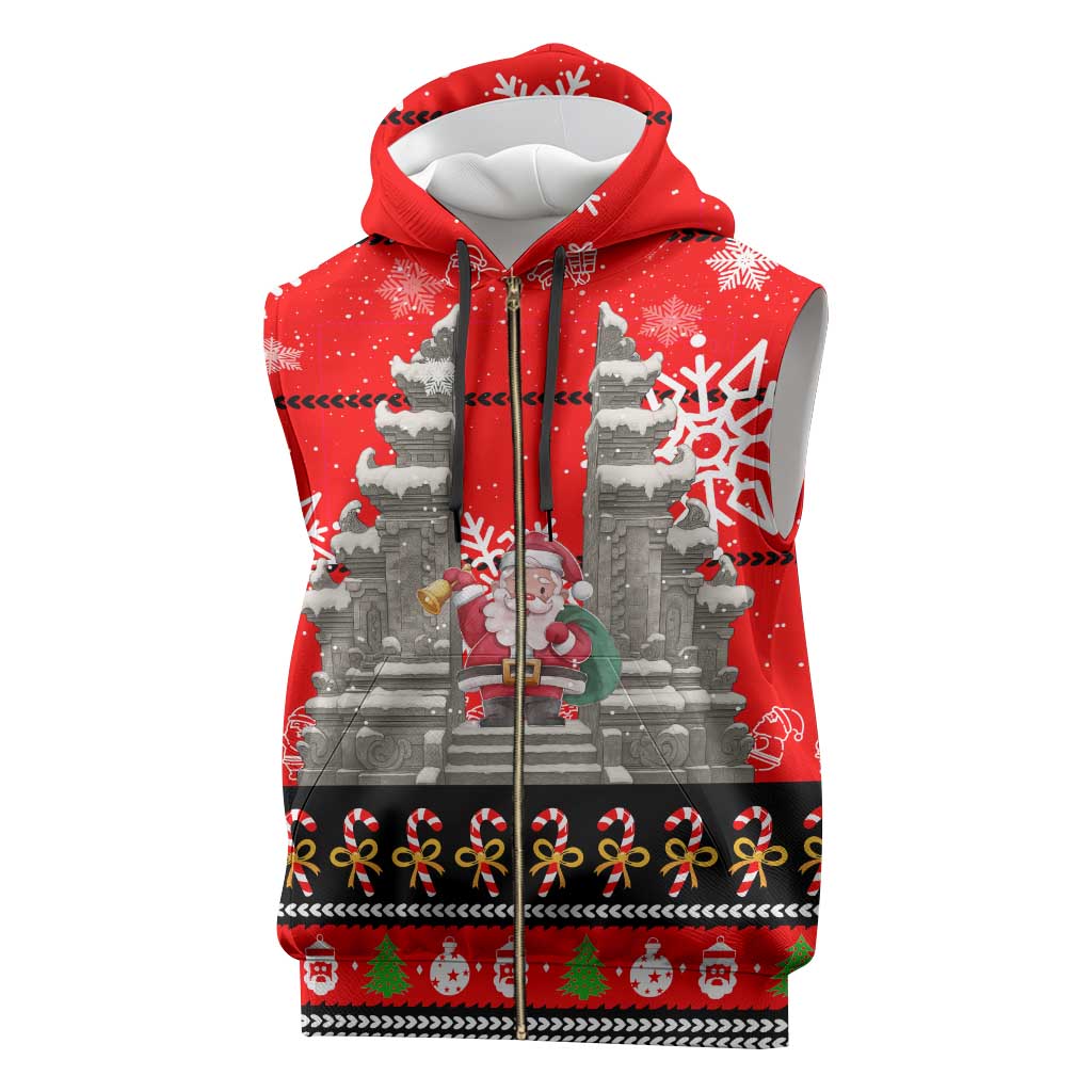 Indonesia Christmas Sleeveless Zip Hoodie with Santa Temple Snowflakes and Red Candy Cane Pattern - Wonder Print Shop