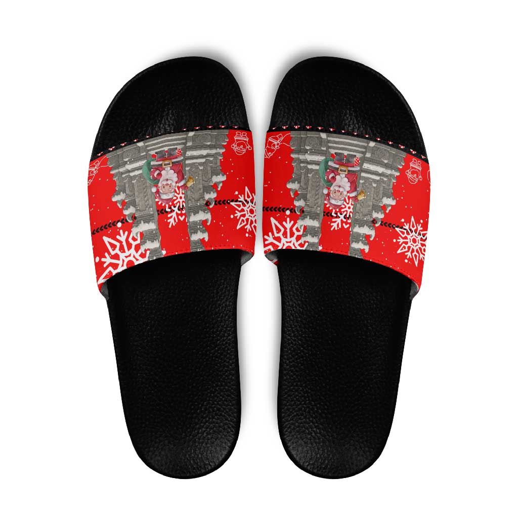 Indonesia Christmas Slide Sandals with Santa Temple Snowflakes and Red Candy Cane Pattern - Wonder Print Shop