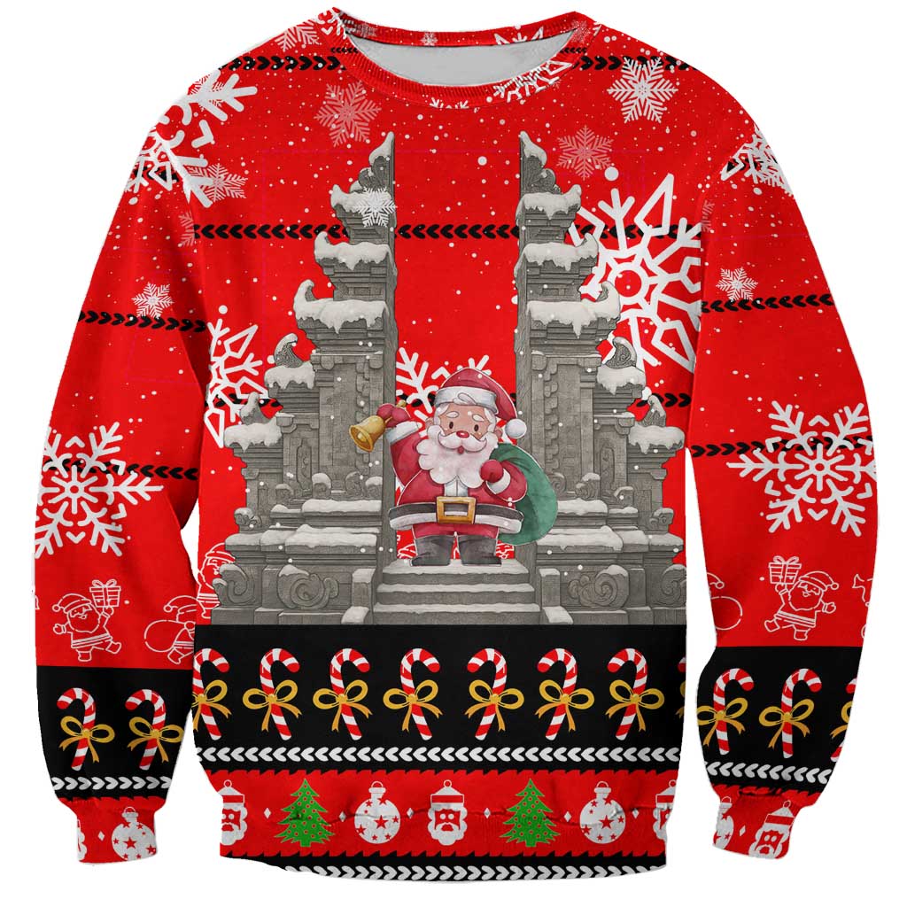 Indonesia Christmas Sweatshirt with Santa Temple Snowflakes and Red Candy Cane Pattern - Wonder Print Shop