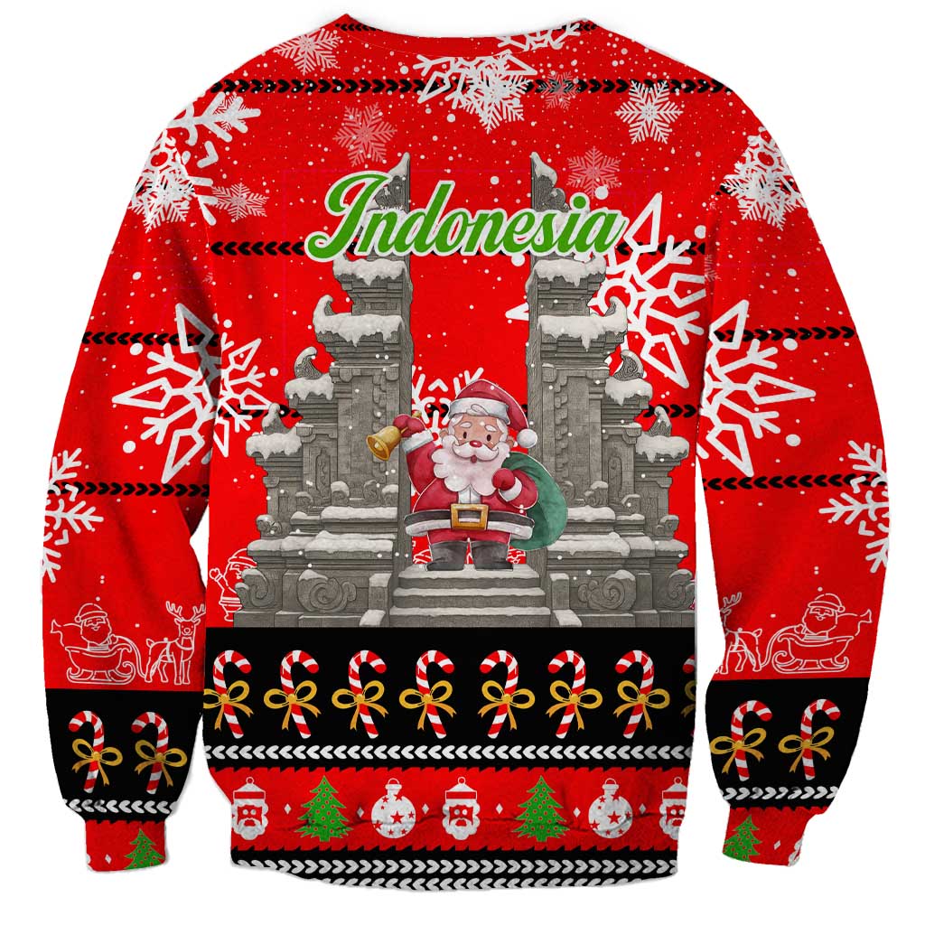 Indonesia Christmas Sweatshirt with Santa Temple Snowflakes and Red Candy Cane Pattern - Wonder Print Shop
