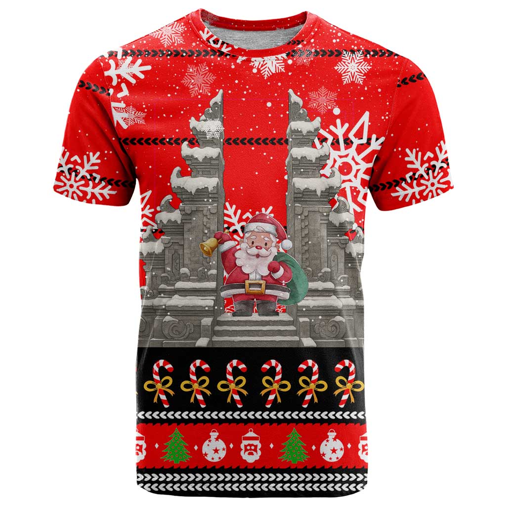 Indonesia Christmas T Shirt with Santa Temple Snowflakes and Red Candy Cane Pattern - Wonder Print Shop