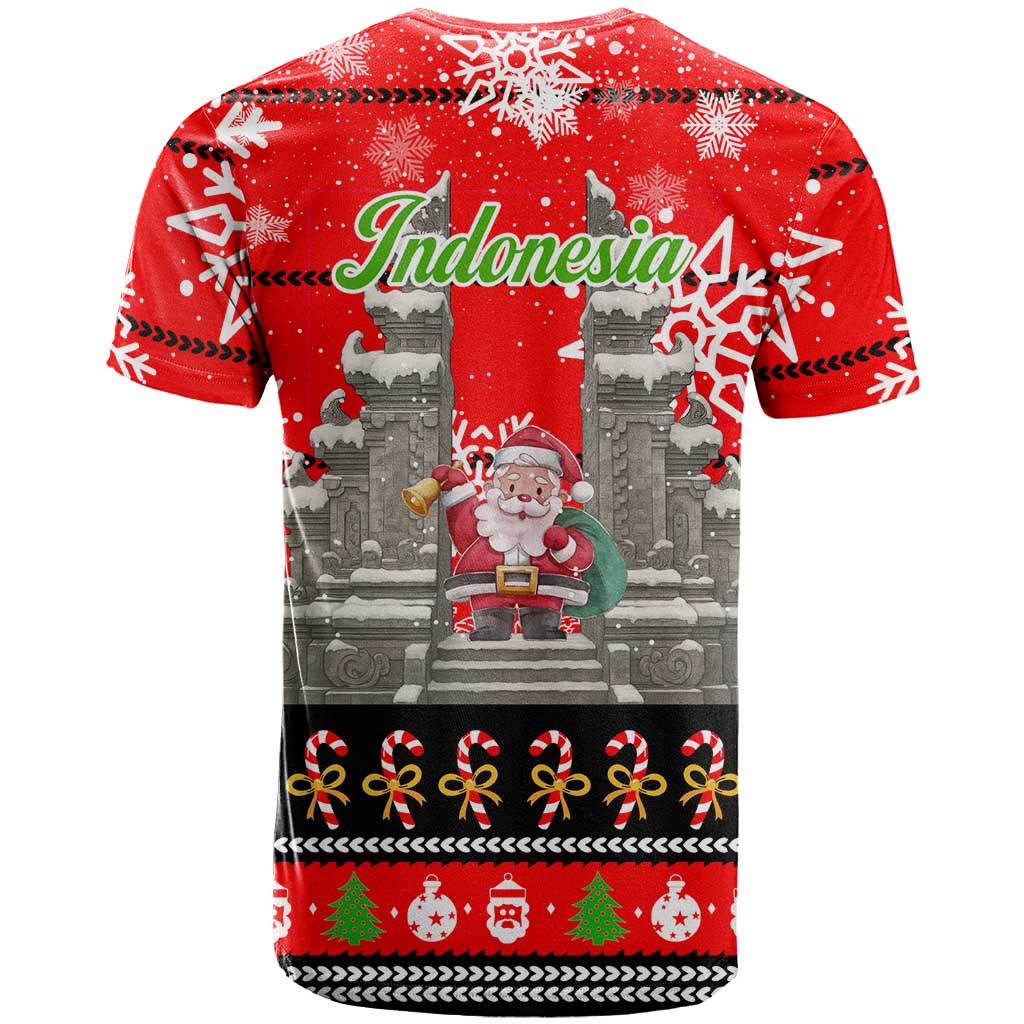 Indonesia Christmas T Shirt with Santa Temple Snowflakes and Red Candy Cane Pattern - Wonder Print Shop