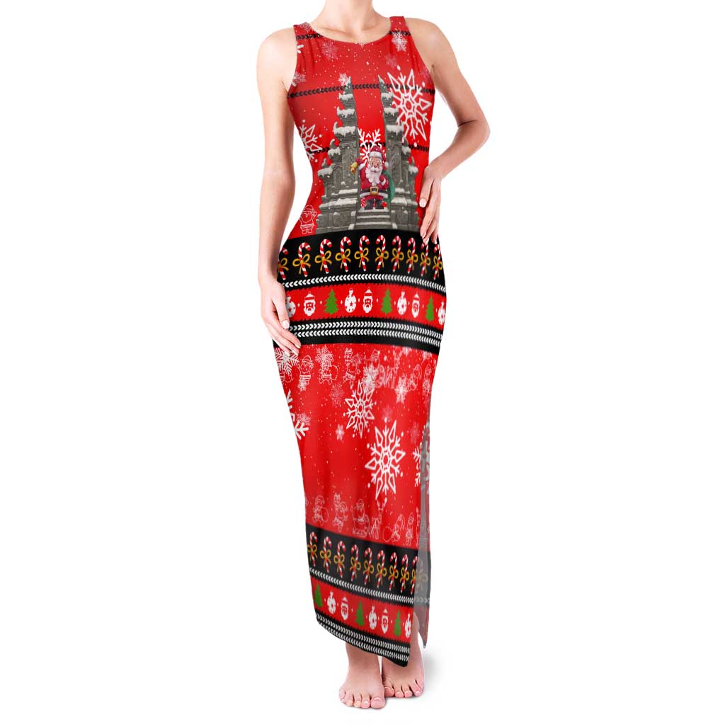 Indonesia Christmas Tank Maxi Dress with Santa Temple Snowflakes and Red Candy Cane Pattern - Wonder Print Shop