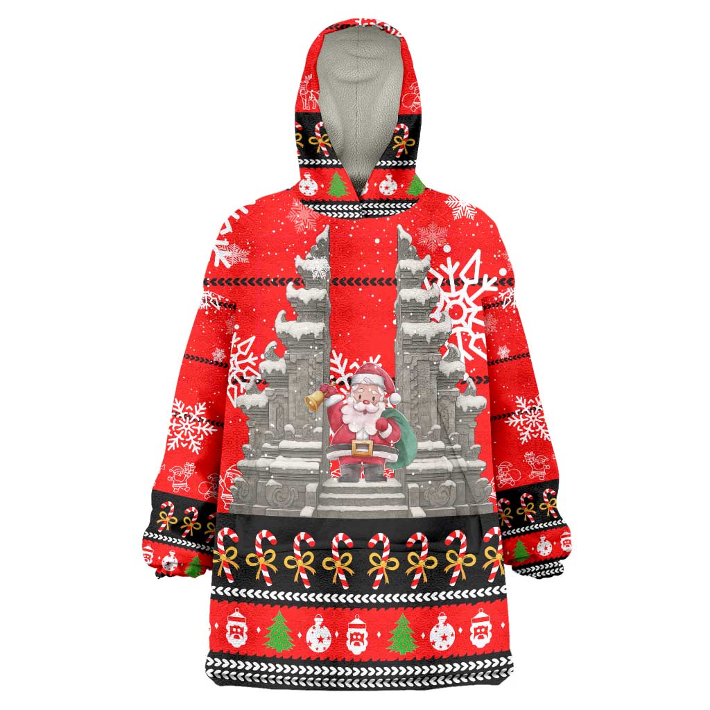 Indonesia Christmas Wearable Blanket Hoodie with Santa Temple Snowflakes and Red Candy Cane Pattern - Wonder Print Shop