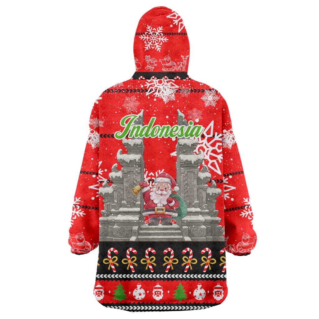 Indonesia Christmas Wearable Blanket Hoodie with Santa Temple Snowflakes and Red Candy Cane Pattern - Wonder Print Shop