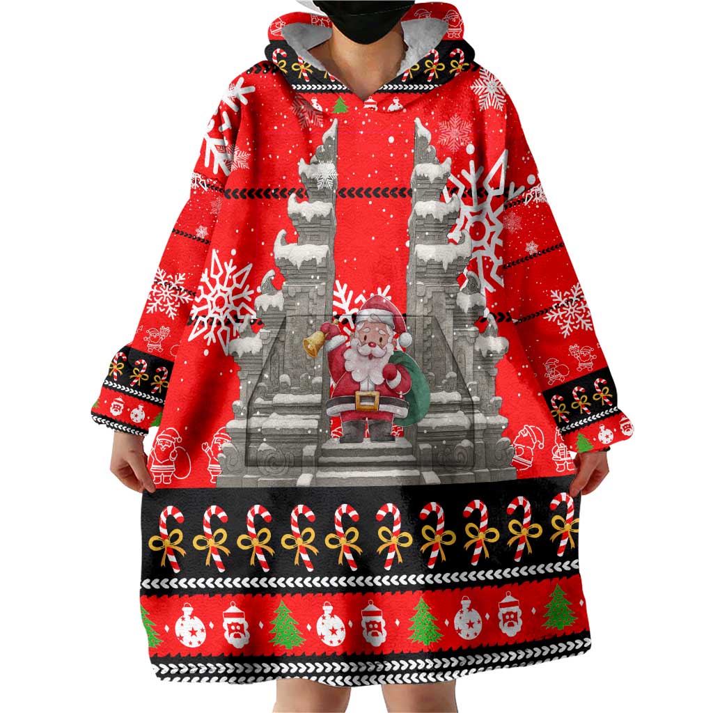 Indonesia Christmas Wearable Blanket Hoodie with Santa Temple Snowflakes and Red Candy Cane Pattern - Wonder Print Shop