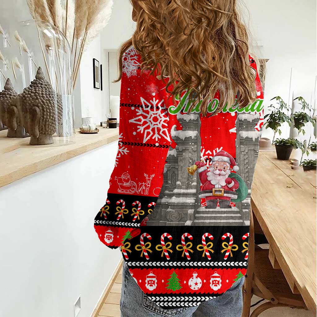 Indonesia Christmas Women Casual Shirt with Santa Temple Snowflakes and Red Candy Cane Pattern - Wonder Print Shop
