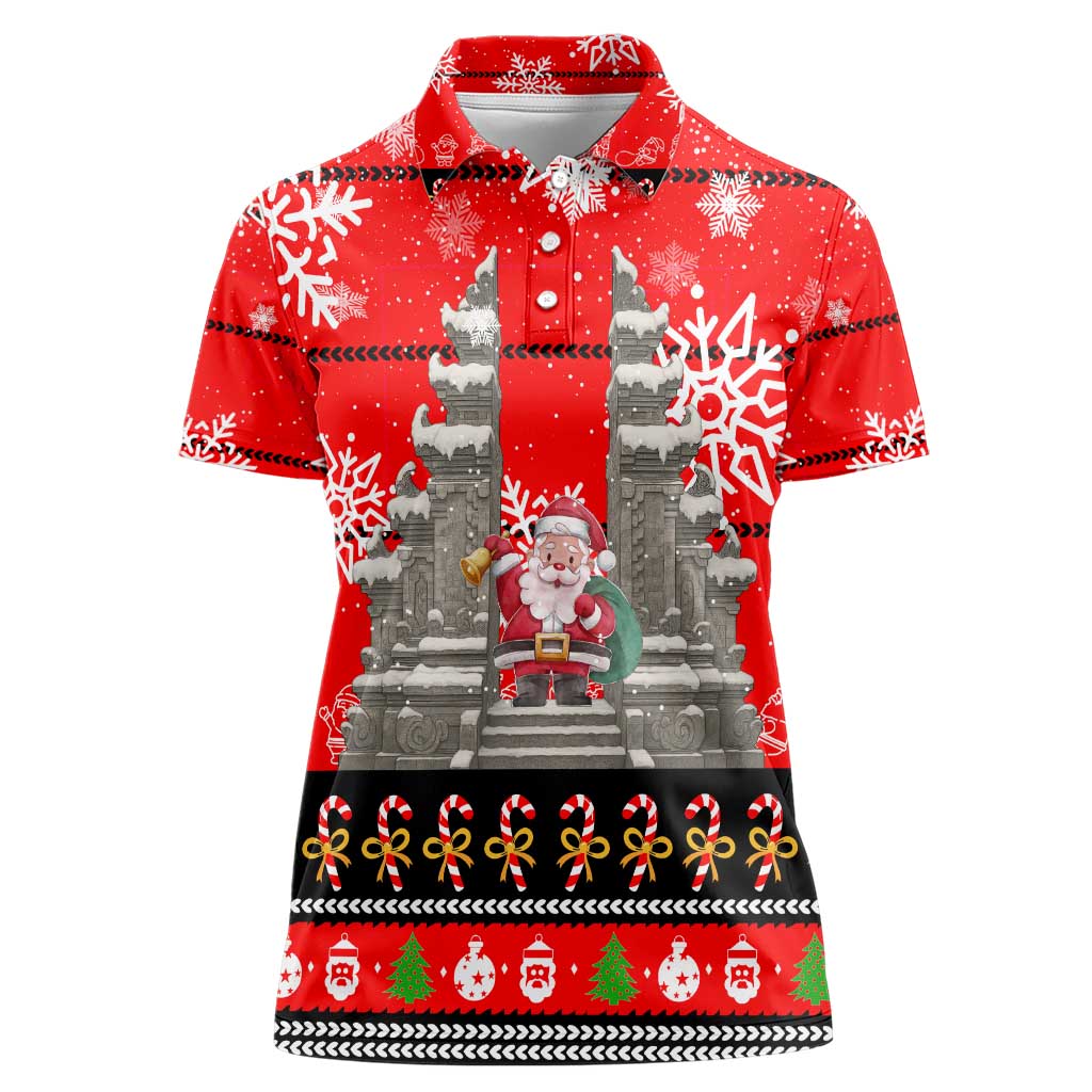 Indonesia Christmas Women Polo Shirt with Santa Temple Snowflakes and Red Candy Cane Pattern - Wonder Print Shop