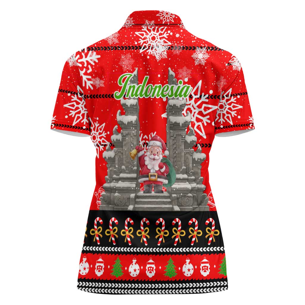 Indonesia Christmas Women Polo Shirt with Santa Temple Snowflakes and Red Candy Cane Pattern - Wonder Print Shop
