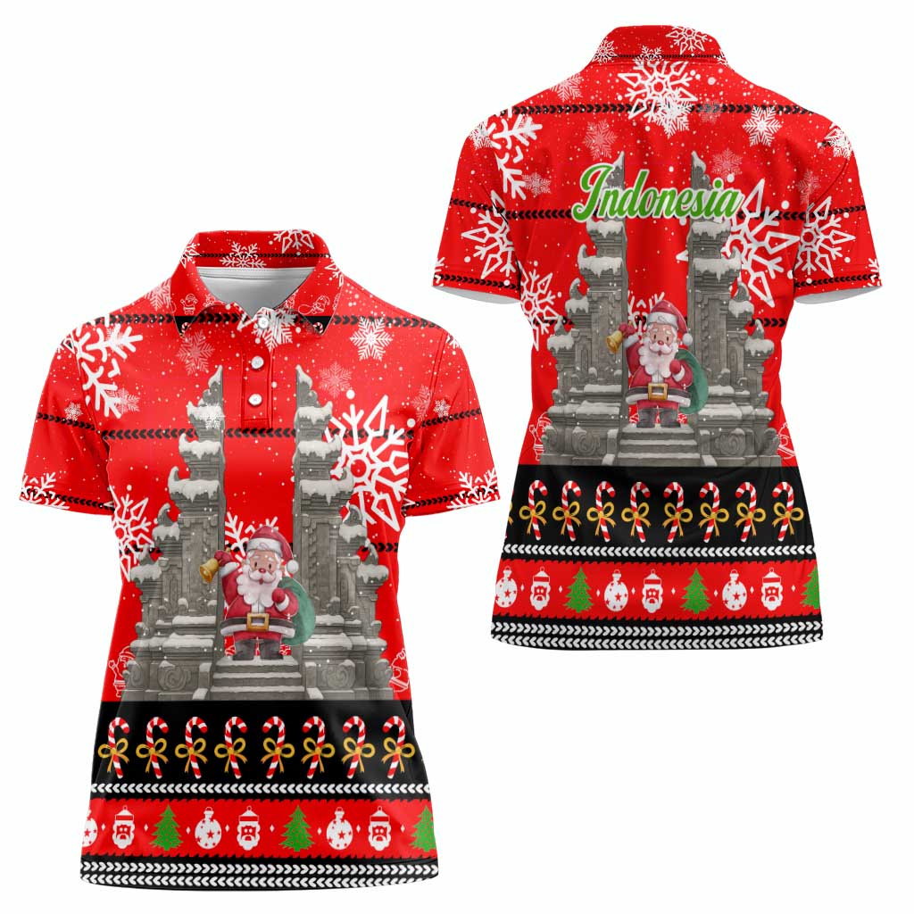 Indonesia Christmas Women Polo Shirt with Santa Temple Snowflakes and Red Candy Cane Pattern - Wonder Print Shop