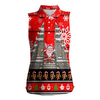 Indonesia Christmas Women Sleeveless Polo Shirt with Santa Temple Snowflakes and Red Candy Cane Pattern - Wonder Print Shop