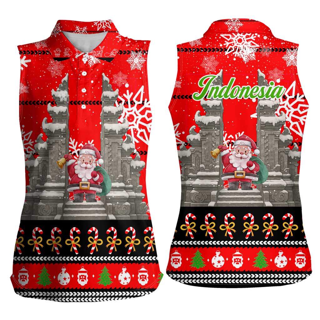 Indonesia Christmas Women Sleeveless Polo Shirt with Santa Temple Snowflakes and Red Candy Cane Pattern - Wonder Print Shop