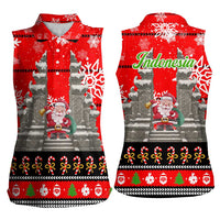 Indonesia Christmas Women Sleeveless Polo Shirt with Santa Temple Snowflakes and Red Candy Cane Pattern - Wonder Print Shop