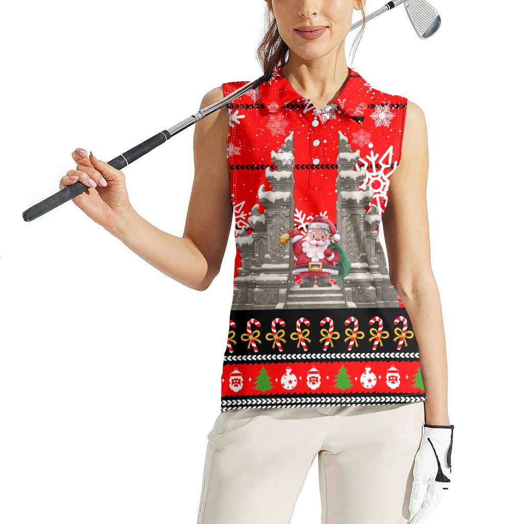 Indonesia Christmas Women Sleeveless Polo Shirt with Santa Temple Snowflakes and Red Candy Cane Pattern - Wonder Print Shop