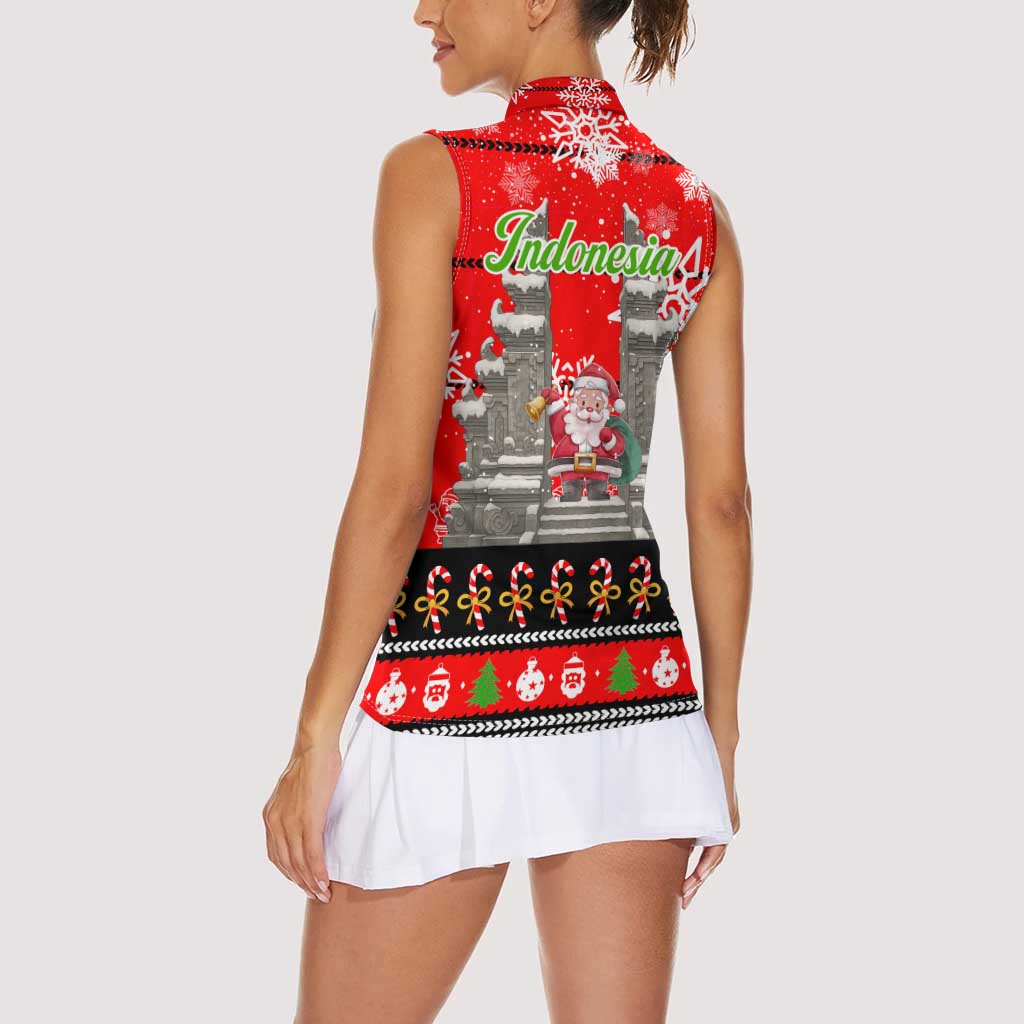 Indonesia Christmas Women Sleeveless Polo Shirt with Santa Temple Snowflakes and Red Candy Cane Pattern - Wonder Print Shop