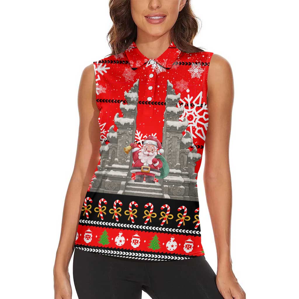 Indonesia Christmas Women Sleeveless Polo Shirt with Santa Temple Snowflakes and Red Candy Cane Pattern - Wonder Print Shop