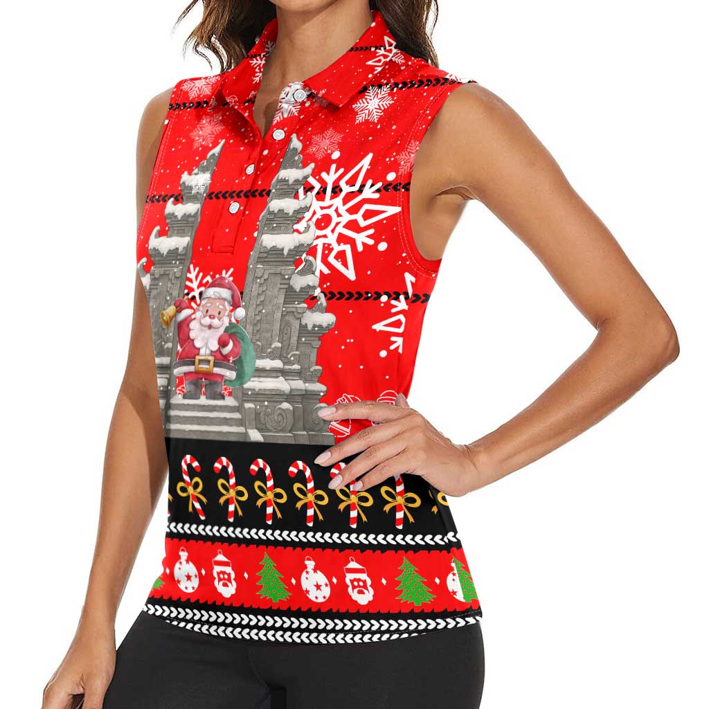 Indonesia Christmas Women Sleeveless Polo Shirt with Santa Temple Snowflakes and Red Candy Cane Pattern - Wonder Print Shop