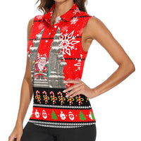 Indonesia Christmas Women Sleeveless Polo Shirt with Santa Temple Snowflakes and Red Candy Cane Pattern - Wonder Print Shop