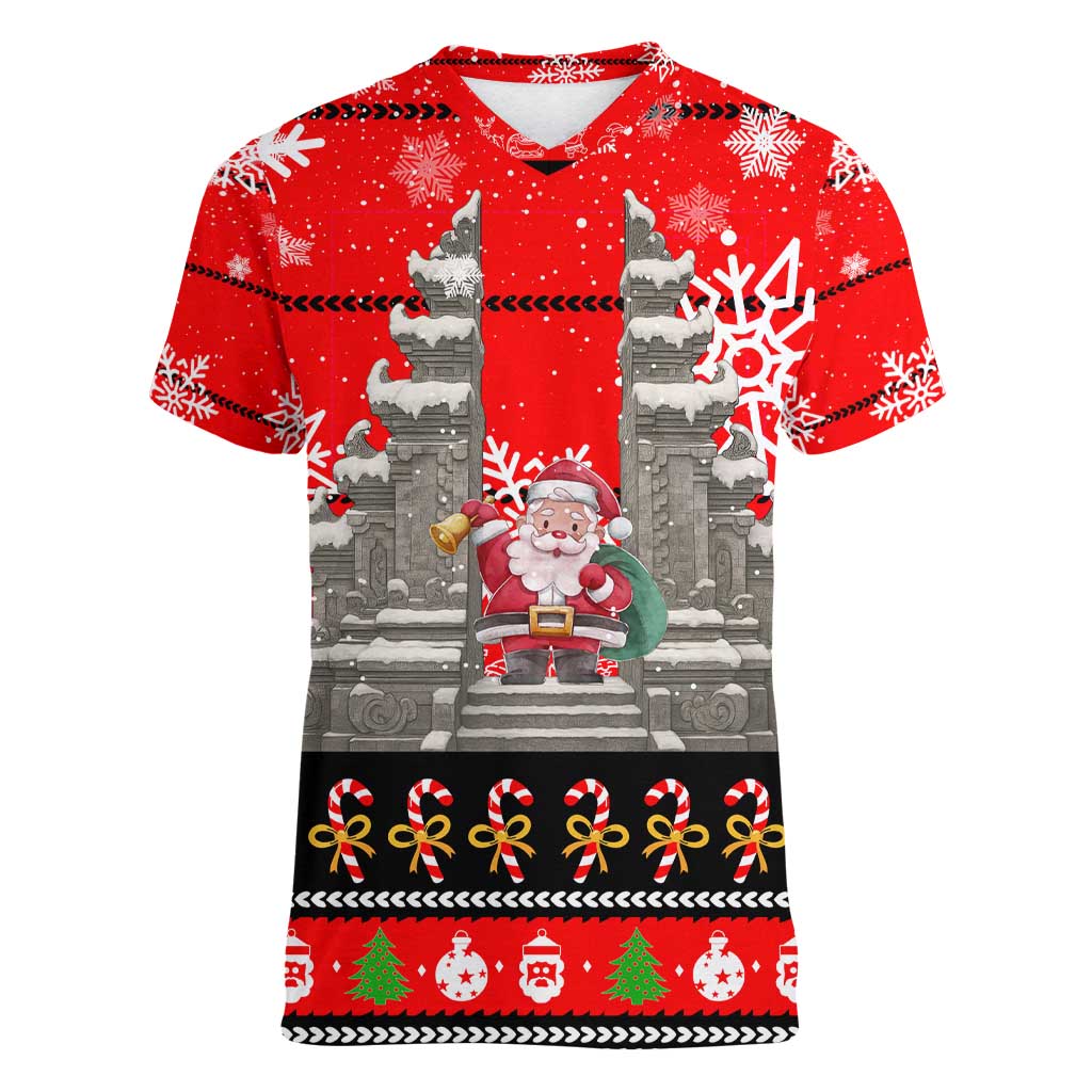 Indonesia Christmas Women V-Neck T-Shirt with Santa Temple Snowflakes and Red Candy Cane Pattern - Wonder Print Shop