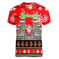 Indonesia Christmas Women V-Neck T-Shirt with Santa Temple Snowflakes and Red Candy Cane Pattern - Wonder Print Shop